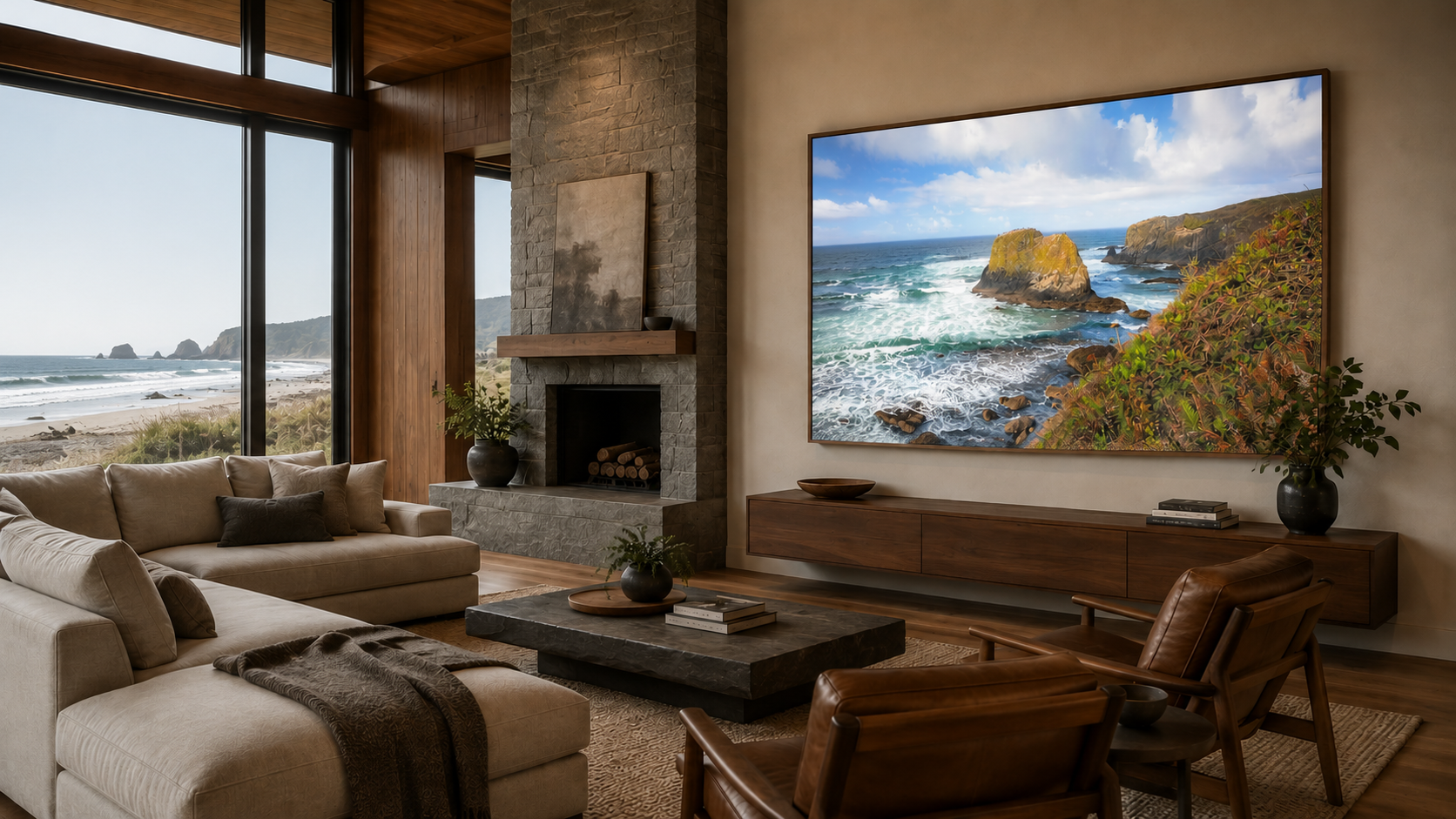 Yaquina Bay Coastal Scene photography installed as a large framed statement piece in a warm contemporary coastal living room by Dan Sproul